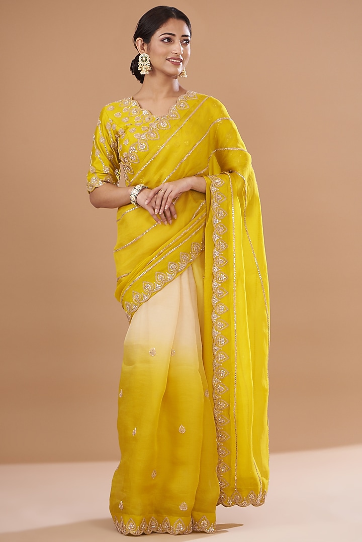 Greenish Yellow Satin Organza Embroidered Wedding Saree Set by SURBHI SHAH at Pernia's Pop Up Shop