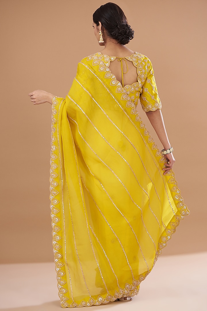 Greenish Yellow Satin Organza Embroidered Wedding Saree Set by SURBHI SHAH at Pernia's Pop Up Shop