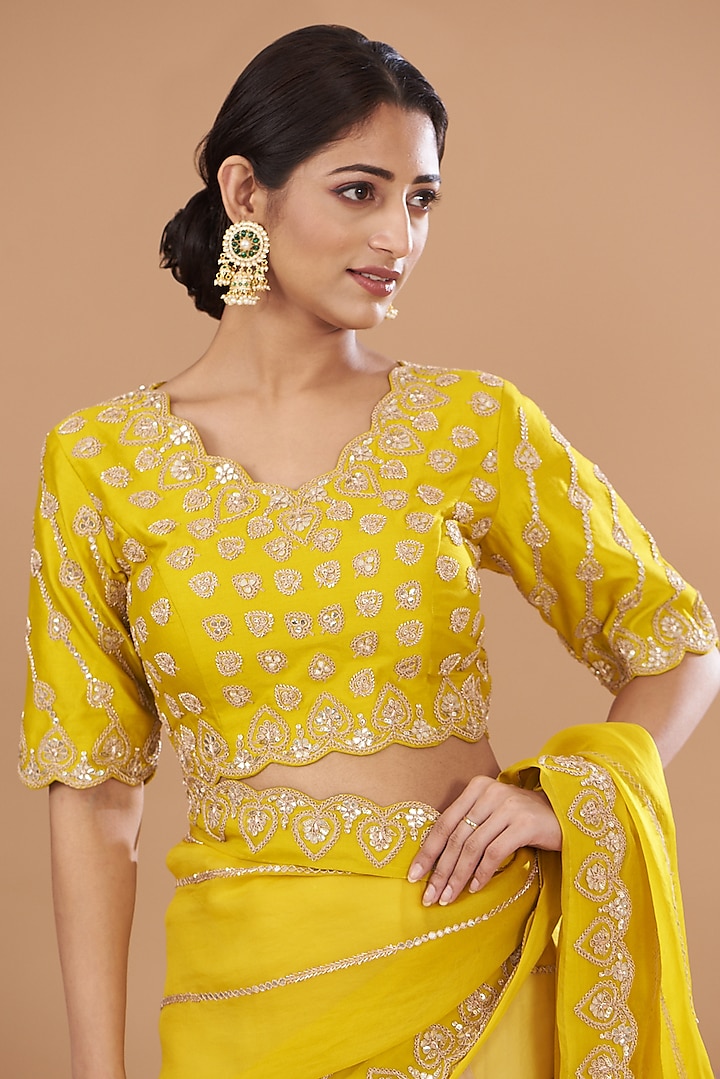 Greenish Yellow Satin Organza Embroidered Wedding Saree Set by SURBHI SHAH at Pernia's Pop Up Shop