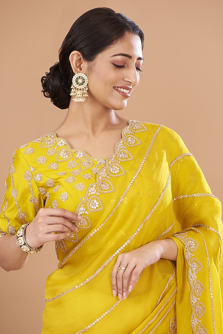 Greenish Yellow Satin Organza Embroidered Wedding Saree Set by SURBHI SHAH at Pernia's Pop Up Shop
