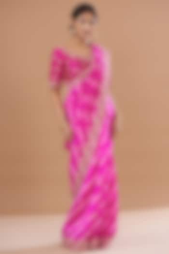 Pink Pure Kora Silk Leheriya Saree Set by SURBHI SHAH