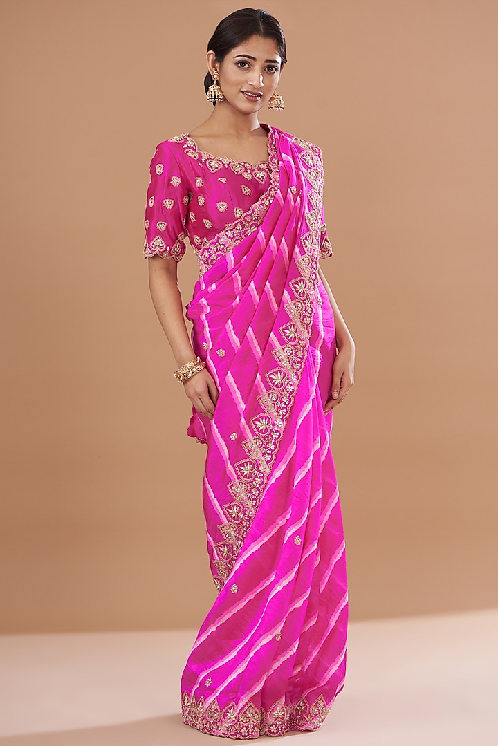 Pink Pure Kora Silk Leheriya Saree Set by SURBHI SHAH