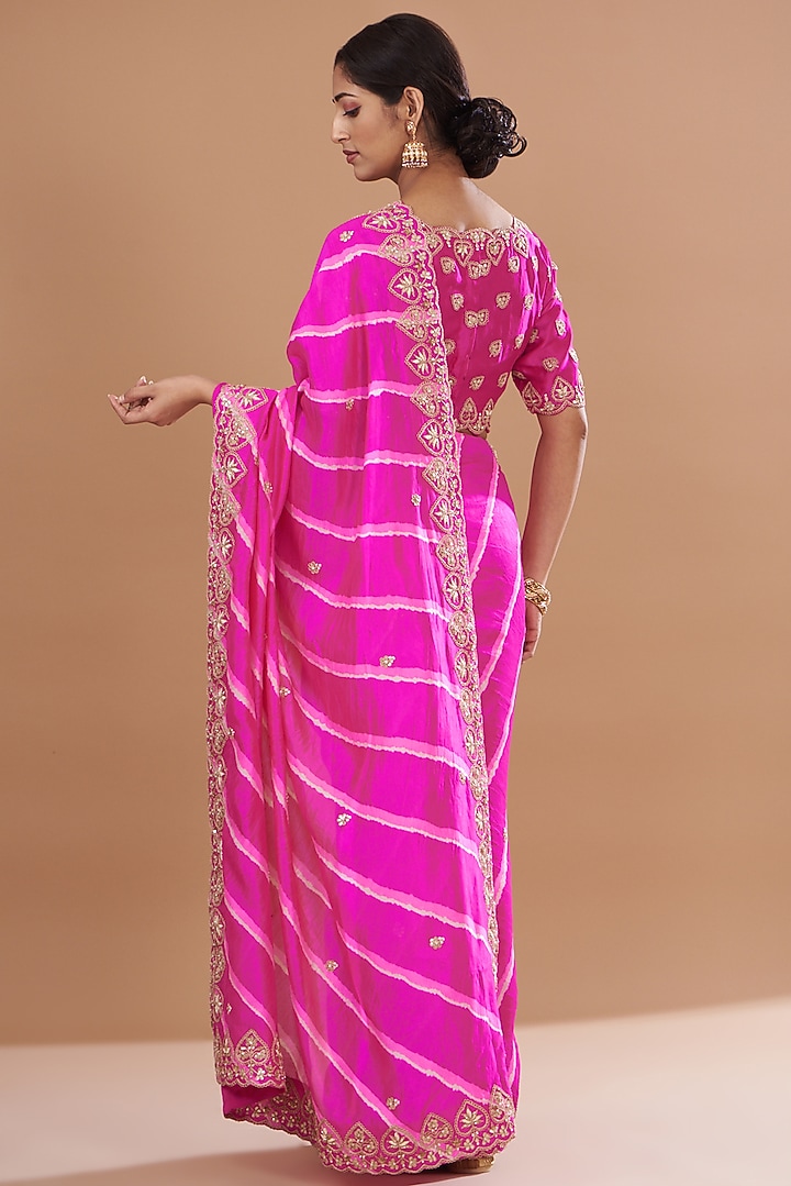 Pink Pure Kora Silk Leheriya Wedding Saree Set by SURBHI SHAH at Pernia's Pop Up Shop