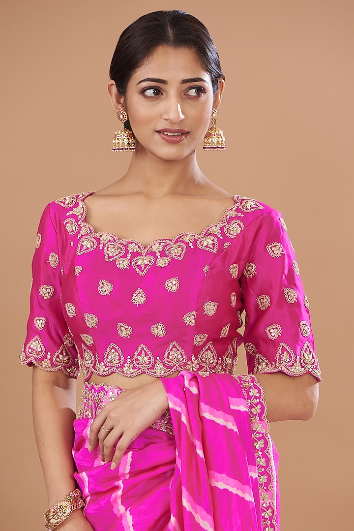 Pink Pure Kora Silk Leheriya Wedding Saree Set by SURBHI SHAH at Pernia's Pop Up Shop