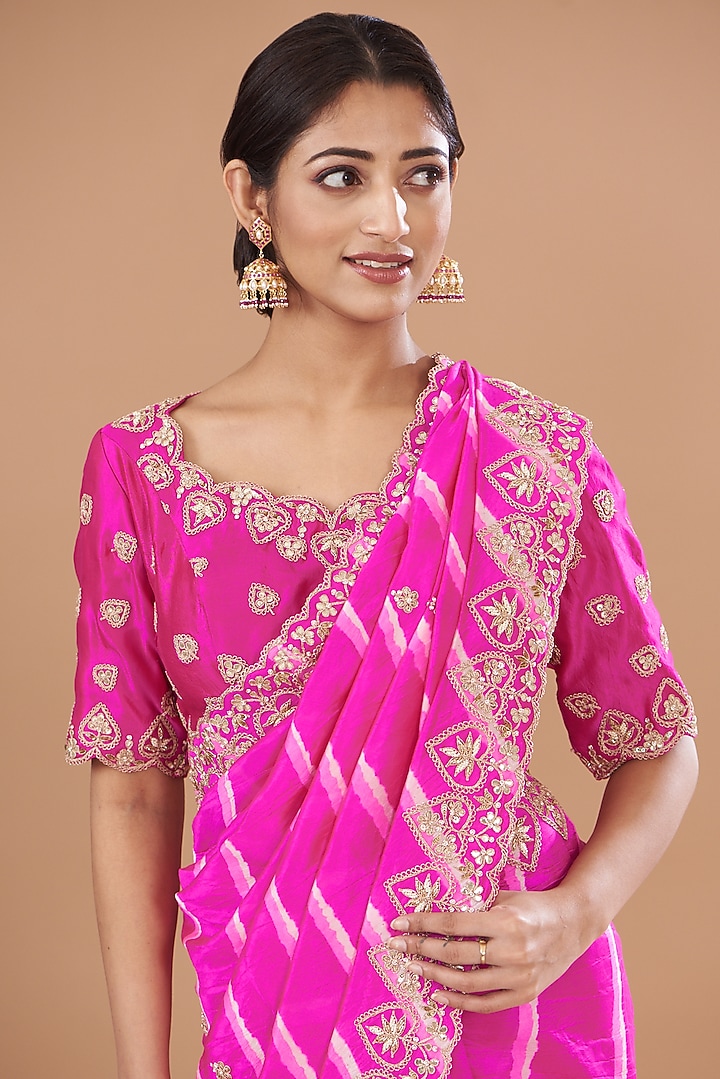 Pink Pure Kora Silk Leheriya Wedding Saree Set by SURBHI SHAH at Pernia's Pop Up Shop