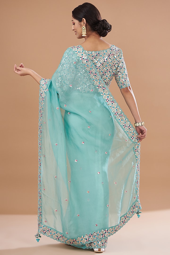 Sea Blue Pure Organza Embroidered Wedding Saree Set by SURBHI SHAH at Pernia's Pop Up Shop