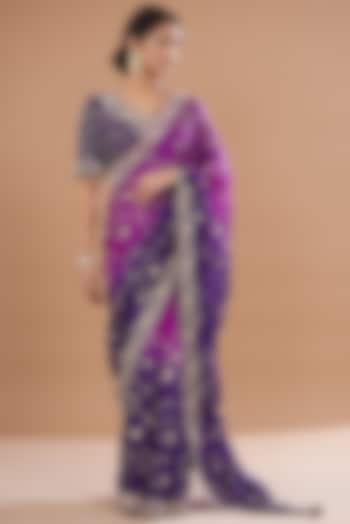 Purple & Magenta Pure Satin Organza Embroidered Reception Saree Set by SURBHI SHAH at Pernia's Pop Up Shop