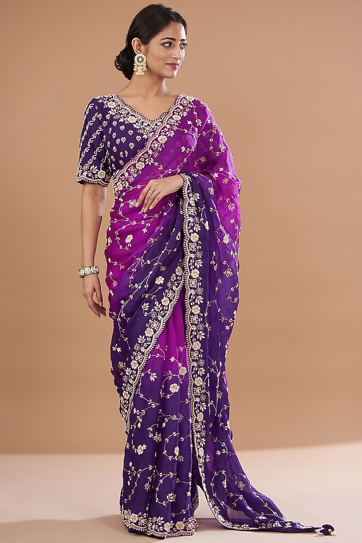 Purple & Magenta Pure Satin Organza Embroidered Reception Saree Set by SURBHI SHAH at Pernia's Pop Up Shop