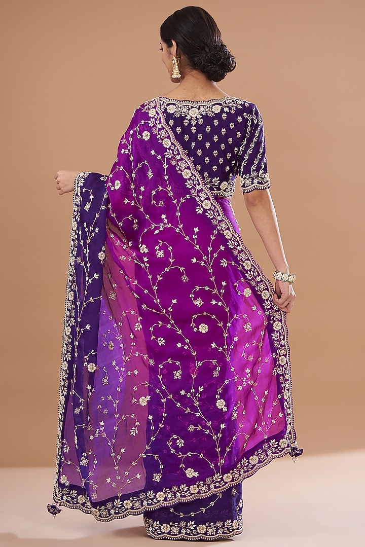 Purple & Magenta Pure Satin Organza Embroidered Reception Saree Set by SURBHI SHAH at Pernia's Pop Up Shop