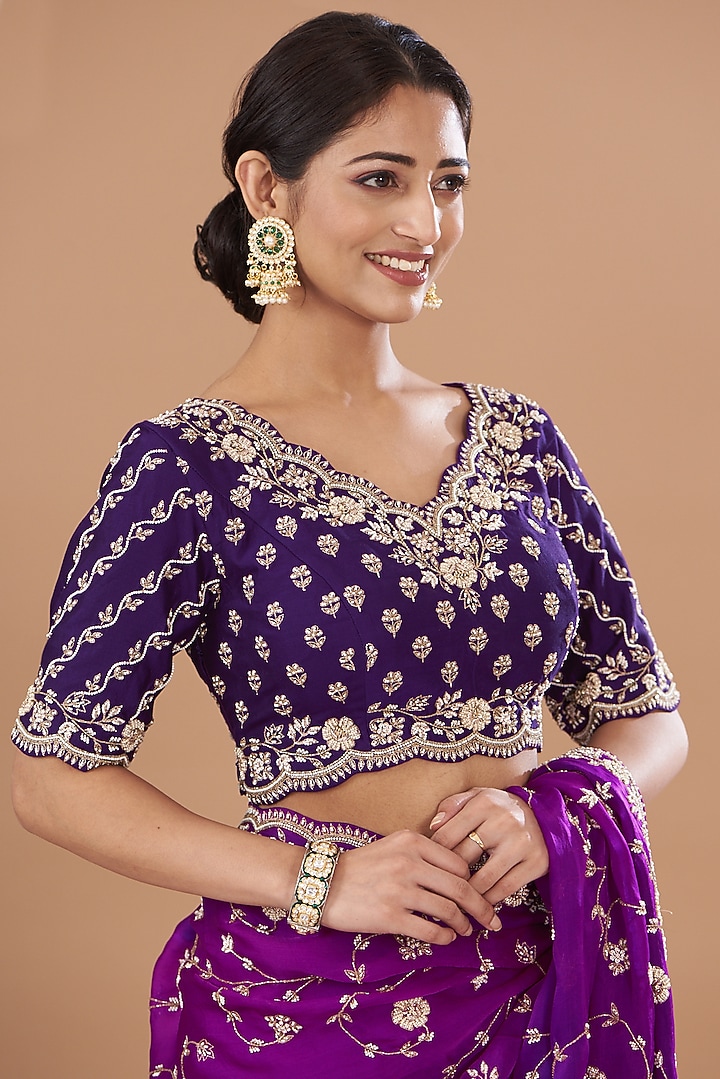 Purple & Magenta Pure Satin Organza Embroidered Reception Saree Set by SURBHI SHAH at Pernia's Pop Up Shop