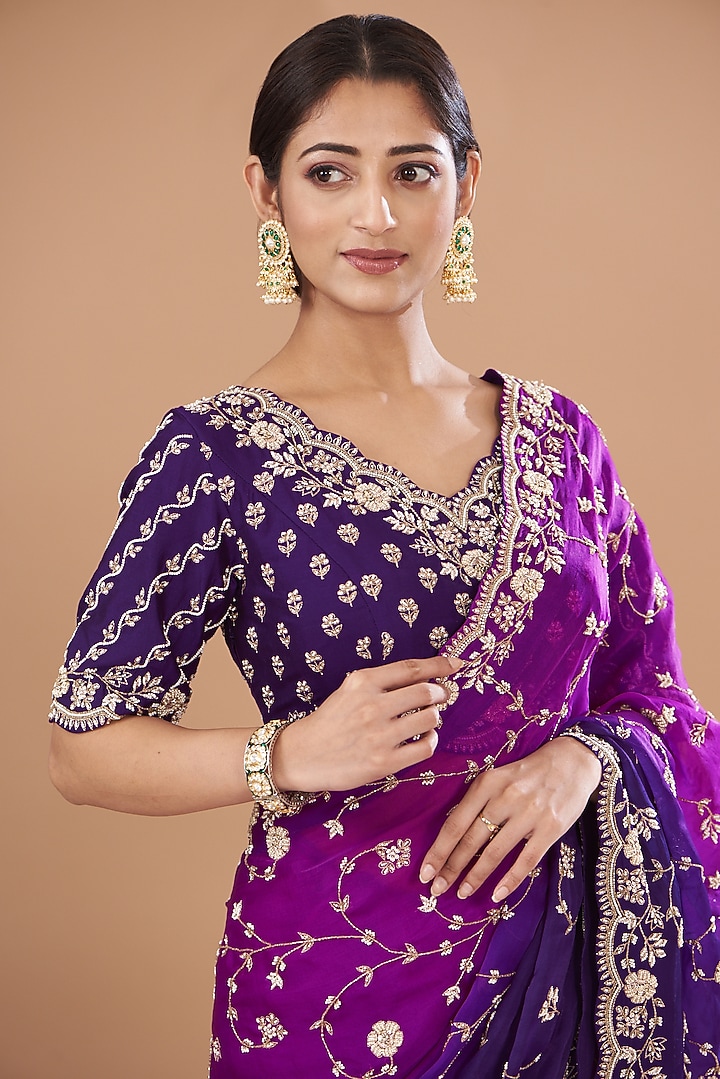 Purple & Magenta Pure Satin Organza Embroidered Reception Saree Set by SURBHI SHAH at Pernia's Pop Up Shop
