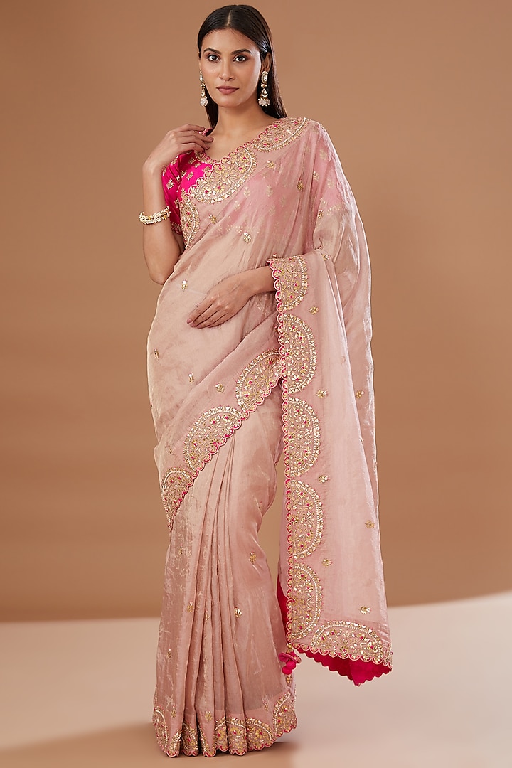 Pink Pure Tissue Embroidered Saree Set by SURBHI SHAH at Pernia's Pop Up Shop