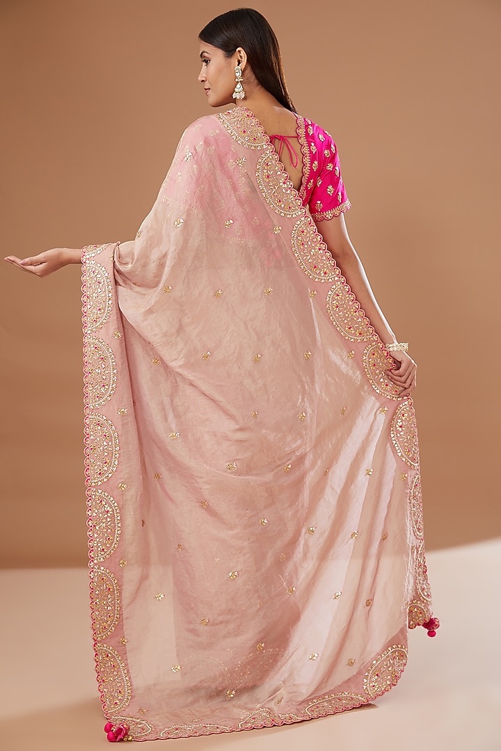 Pink Pure Tissue Embroidered Wedding Saree Set by SURBHI SHAH at Pernia's Pop Up Shop