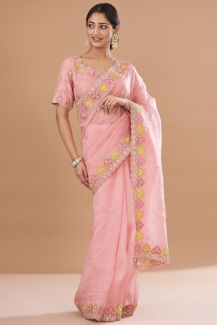 Rose Pink Pure Organza Embroidered Saree Set by SURBHI SHAH at Pernia's Pop Up Shop