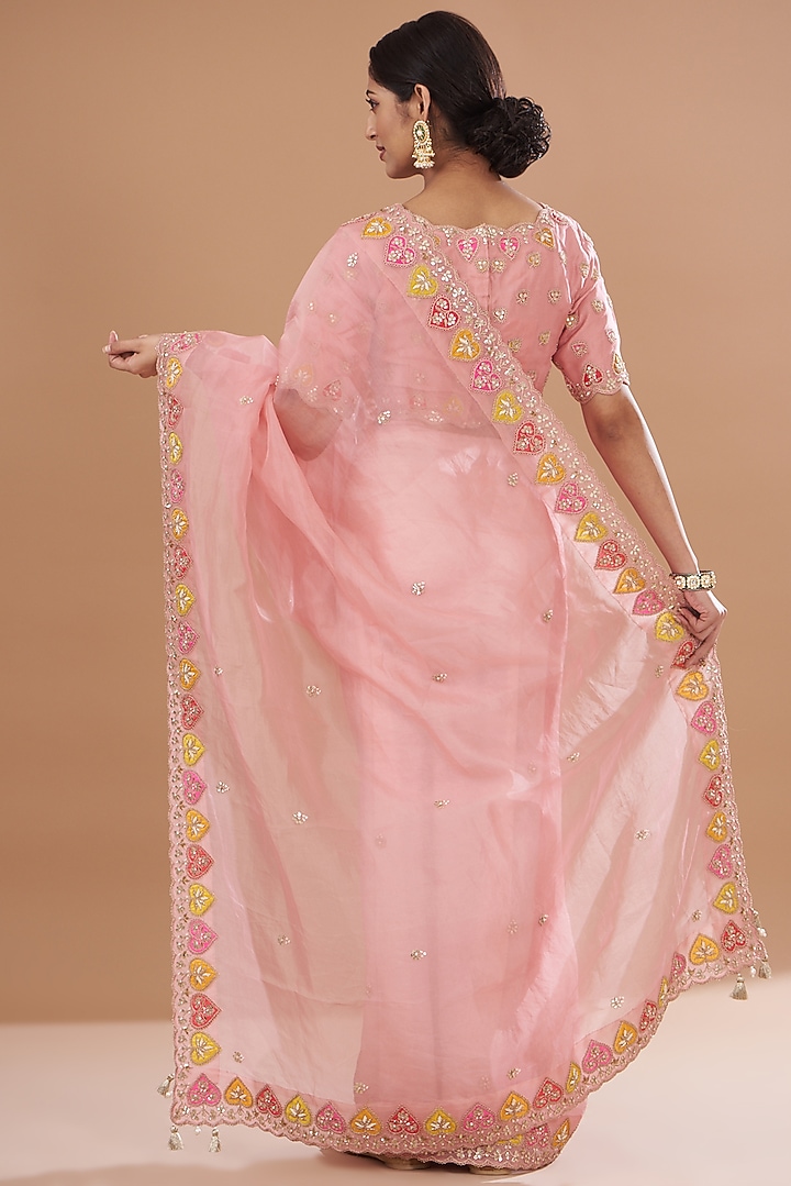 Rose Pink Pure Organza Embroidered Wedding Saree Set by SURBHI SHAH at Pernia's Pop Up Shop
