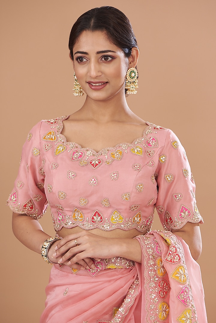 Rose Pink Pure Organza Embroidered Wedding Saree Set by SURBHI SHAH at Pernia's Pop Up Shop
