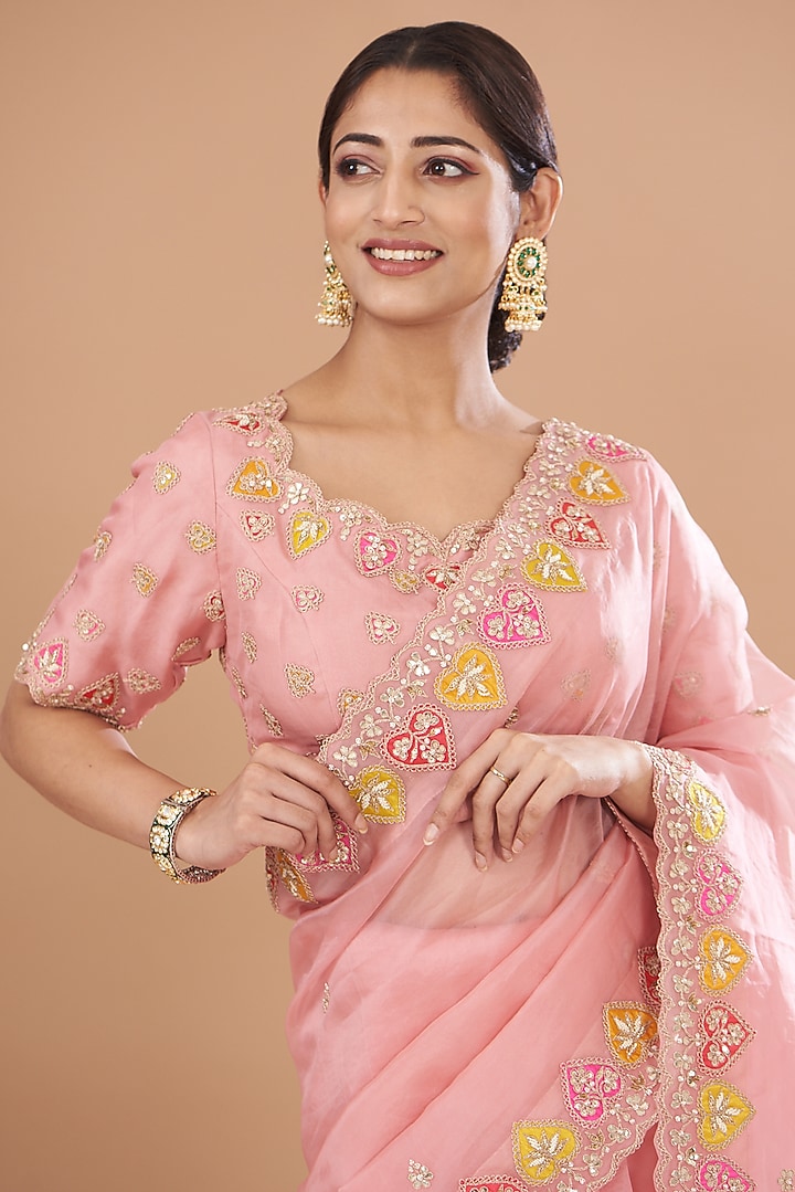 Rose Pink Pure Organza Embroidered Wedding Saree Set by SURBHI SHAH at Pernia's Pop Up Shop