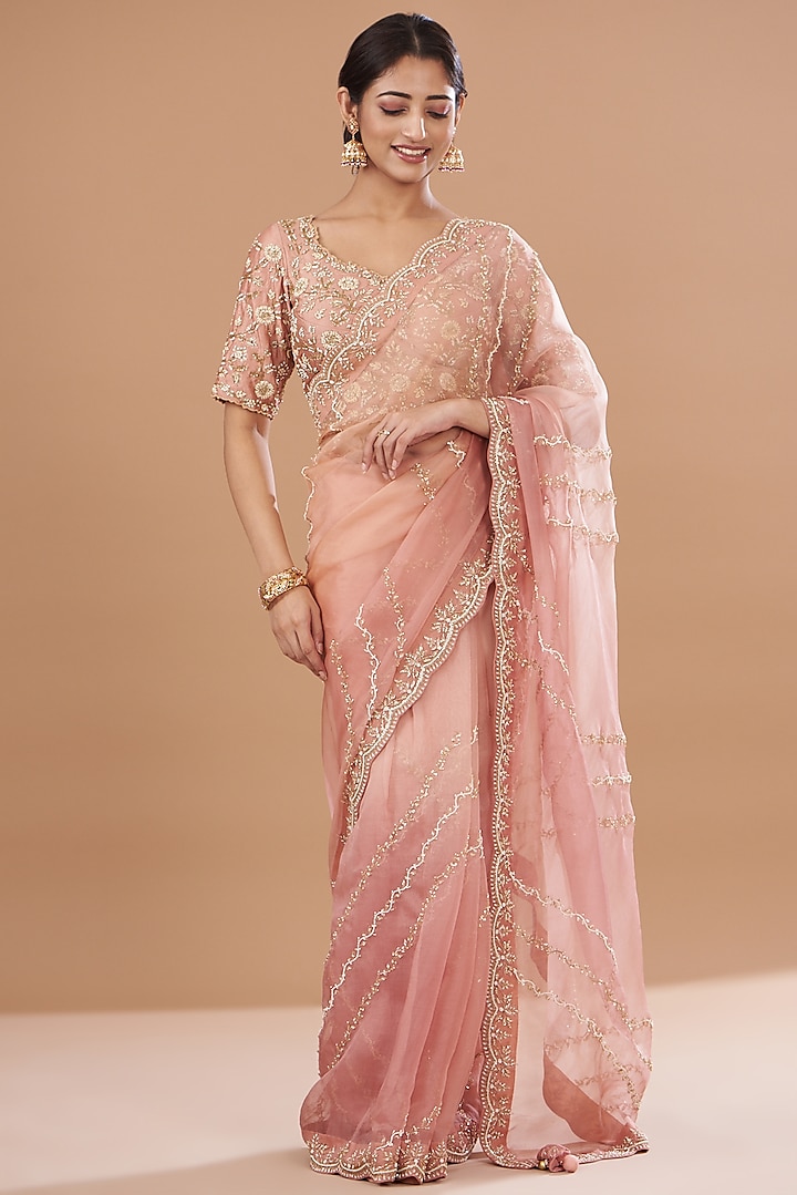 Rose Gold Pure Organza Embroidered Shaded Saree Set by SURBHI SHAH