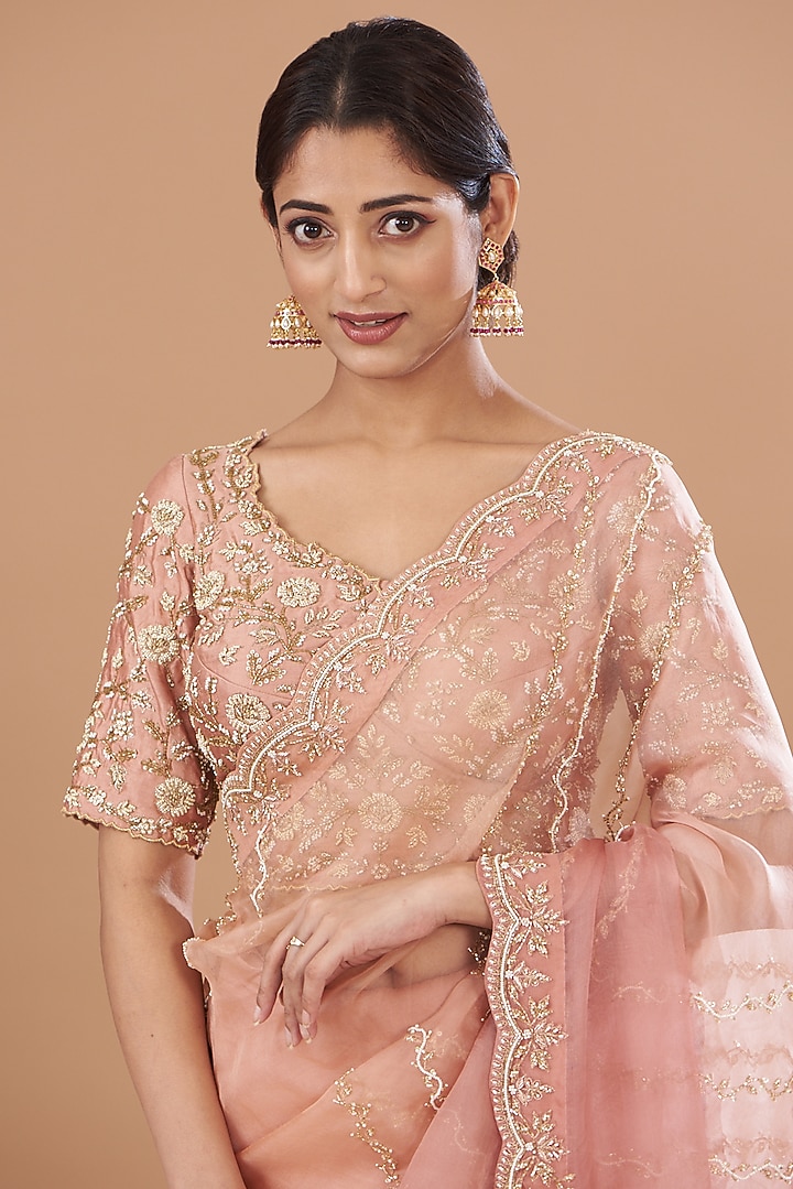 Rose Gold Pure Organza Embroidered Shaded Wedding Saree Set by SURBHI SHAH at Pernia's Pop Up Shop