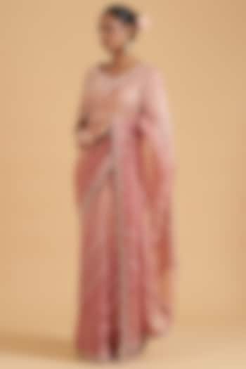 Rose Gold Pure Organza Embroidered Wedding Saree Set by SURBHI SHAH at Pernia's Pop Up Shop