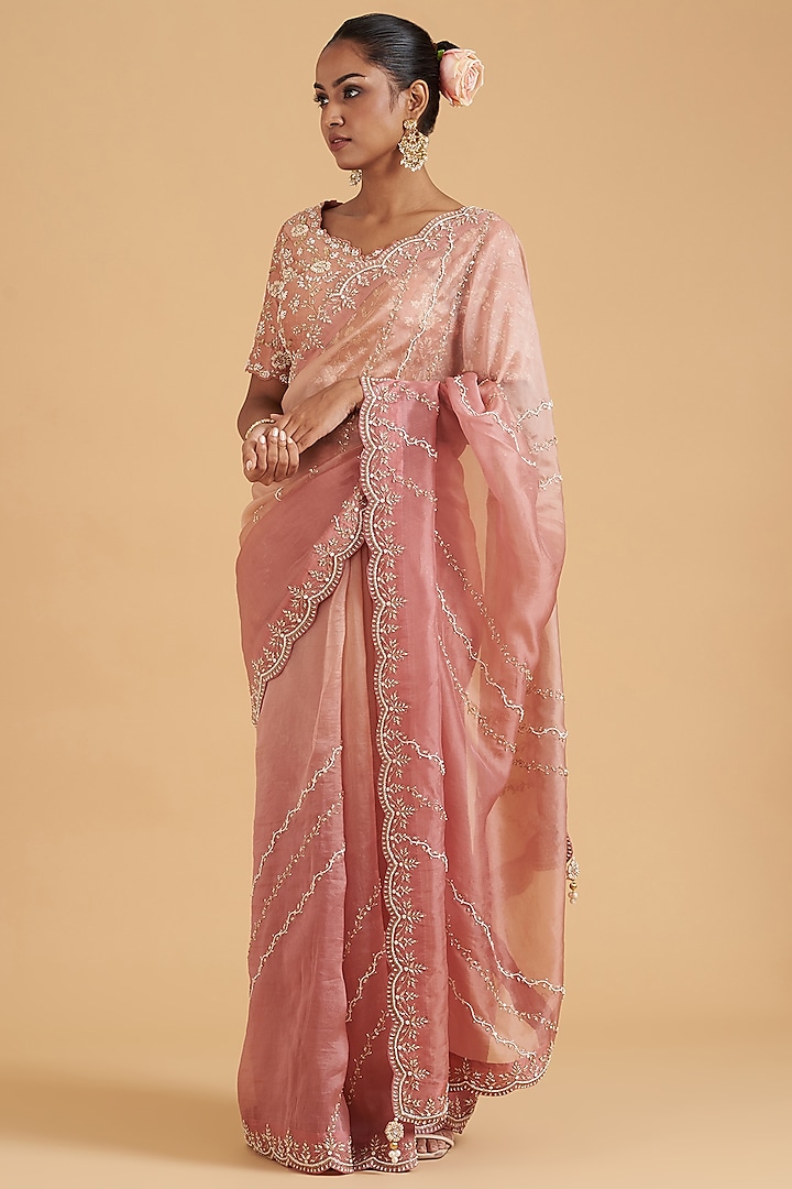 Rose Gold Pure Organza Embroidered Wedding Saree Set by SURBHI SHAH at Pernia's Pop Up Shop