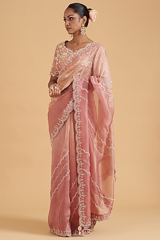 Rose Gold Pure Organza Embroidered Saree Set by SURBHI SHAH