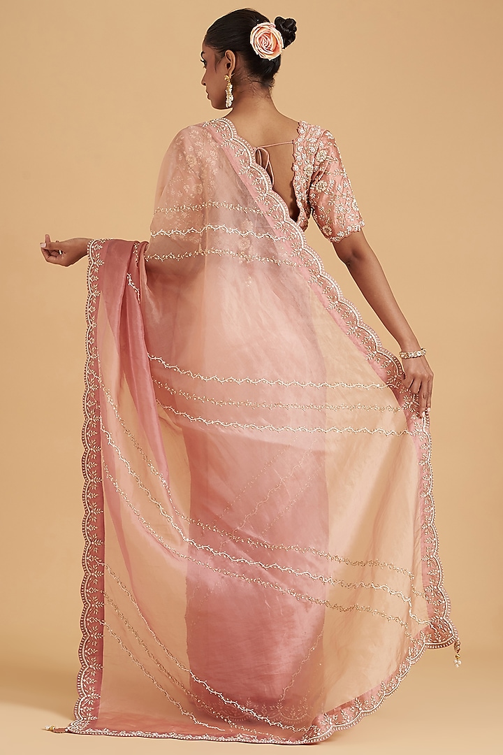 Rose Gold Pure Organza Embroidered Wedding Saree Set by SURBHI SHAH at Pernia's Pop Up Shop