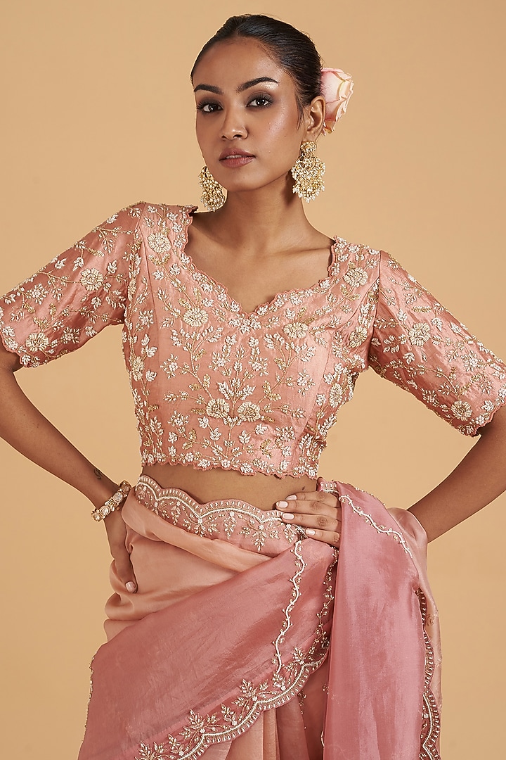 Rose Gold Pure Organza Embroidered Wedding Saree Set by SURBHI SHAH at Pernia's Pop Up Shop