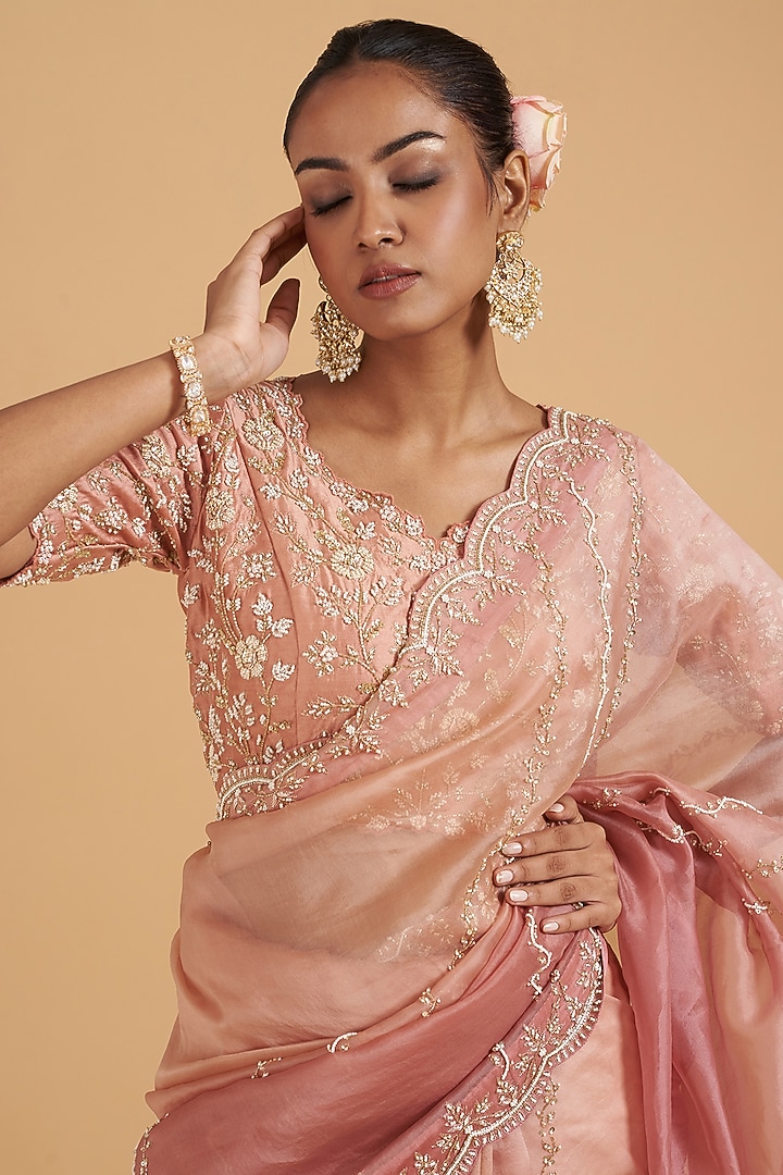 Rose Gold Pure Organza Embroidered Wedding Saree Set by SURBHI SHAH at Pernia's Pop Up Shop