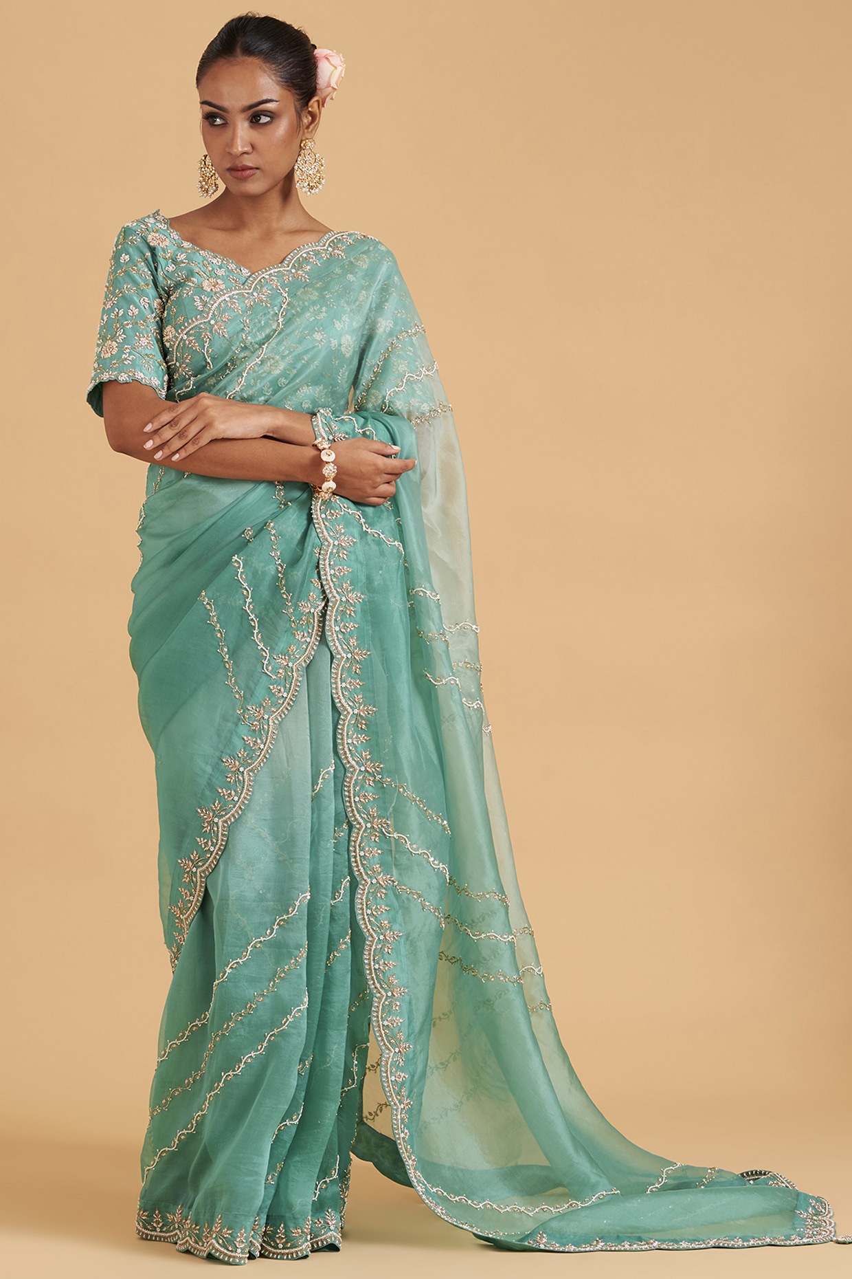 Buy Mint Blue Saree In Organza With Hand Embroidered Border And Unstitched  Blouse Piece Online - Kalki Fashion