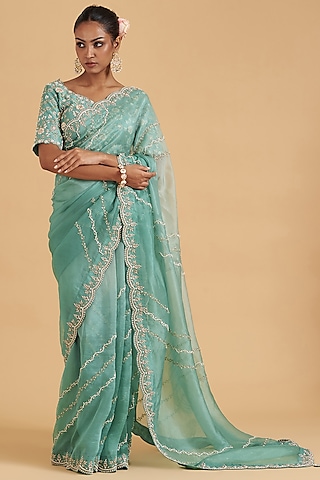 Sea Blue Pure Organza Embroidered Saree Set by SURBHI SHAH