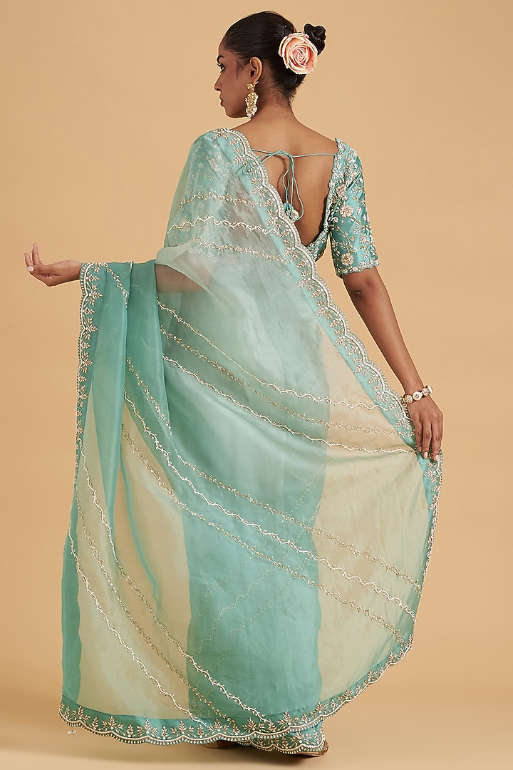 Sea Blue Pure Organza Embroidered Wedding Saree Set by SURBHI SHAH at Pernia's Pop Up Shop