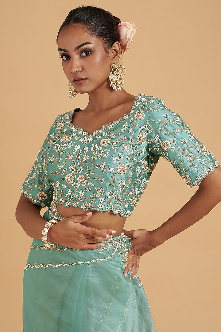 Sea Blue Pure Organza Embroidered Wedding Saree Set by SURBHI SHAH at Pernia's Pop Up Shop