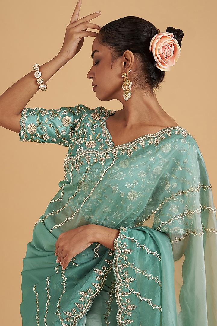 Sea Blue Pure Organza Embroidered Wedding Saree Set by SURBHI SHAH at Pernia's Pop Up Shop