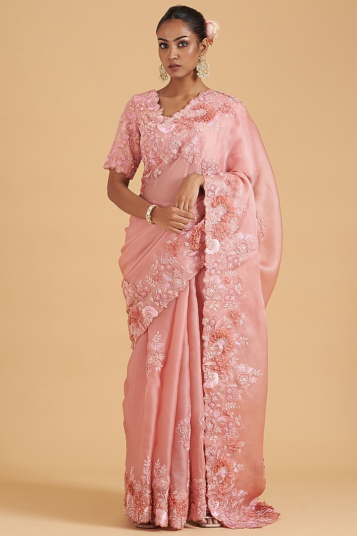 Rose Pink Pure Satin Organza Embroidered Reception Saree Set by SURBHI SHAH at Pernia's Pop Up Shop