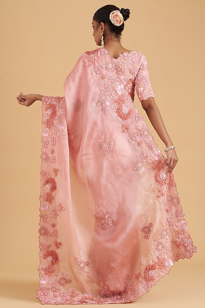 Rose Pink Pure Satin Organza Embroidered Reception Saree Set by SURBHI SHAH at Pernia's Pop Up Shop