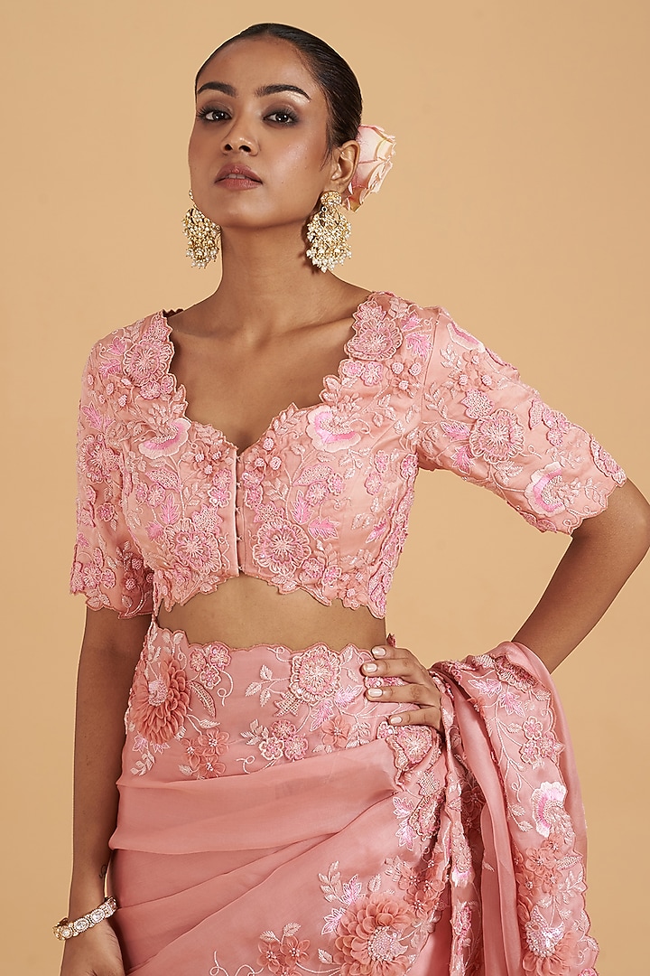 Rose Pink Pure Satin Organza Embroidered Reception Saree Set by SURBHI SHAH at Pernia's Pop Up Shop