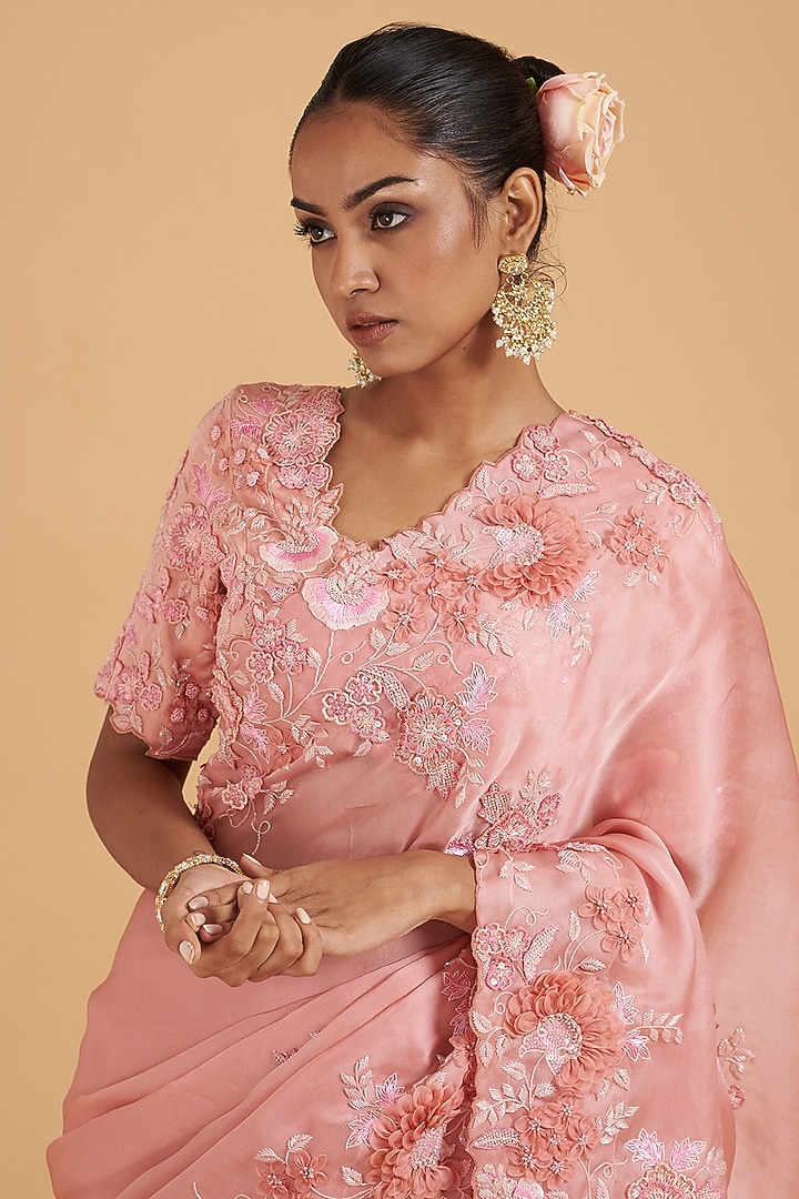 Rose Pink Pure Satin Organza Embroidered Reception Saree Set by SURBHI SHAH at Pernia's Pop Up Shop