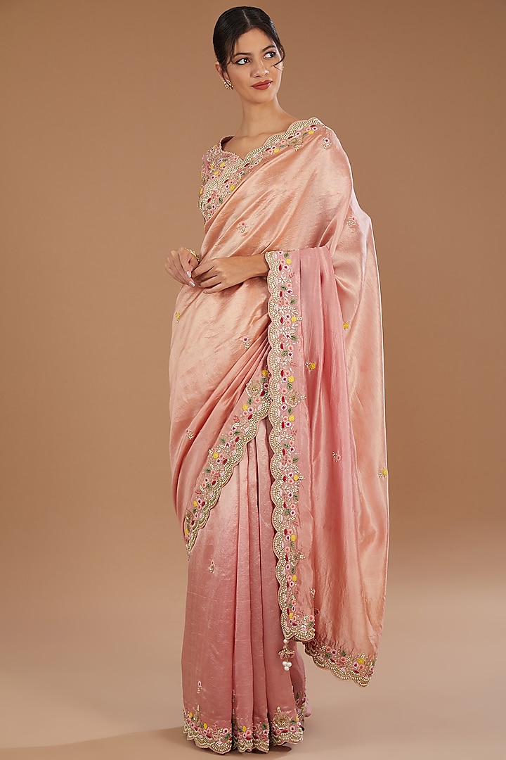 Rose Gold Pure Kora Silk Gota Embroidered Shaded Saree Set by SURBHI SHAH at Pernia's Pop Up Shop