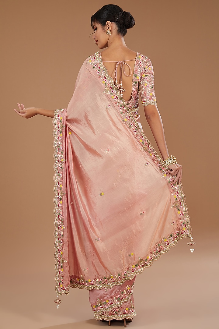 Rose Gold Pure Kora Silk Gota Embroidered Shaded Wedding Saree Set by SURBHI SHAH at Pernia's Pop Up Shop