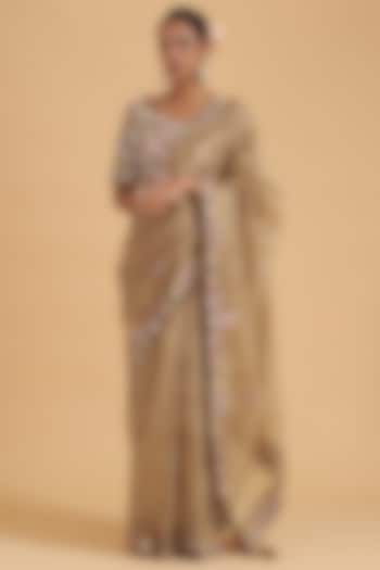 Dull Gold Pure Organza Embroidered Wedding Saree Set by SURBHI SHAH at Pernia's Pop Up Shop