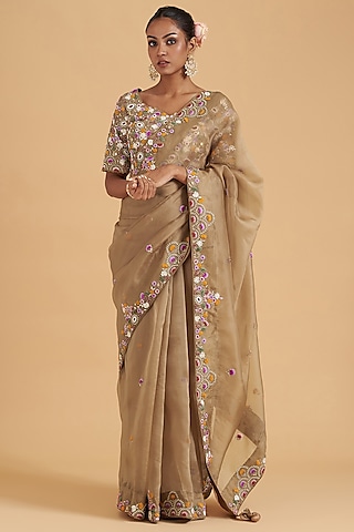 Dull Gold Pure Organza Embroidered Saree Set by SURBHI SHAH