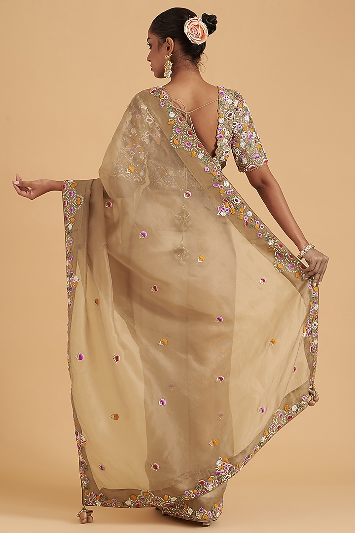 Dull Gold Pure Organza Embroidered Wedding Saree Set by SURBHI SHAH at Pernia's Pop Up Shop