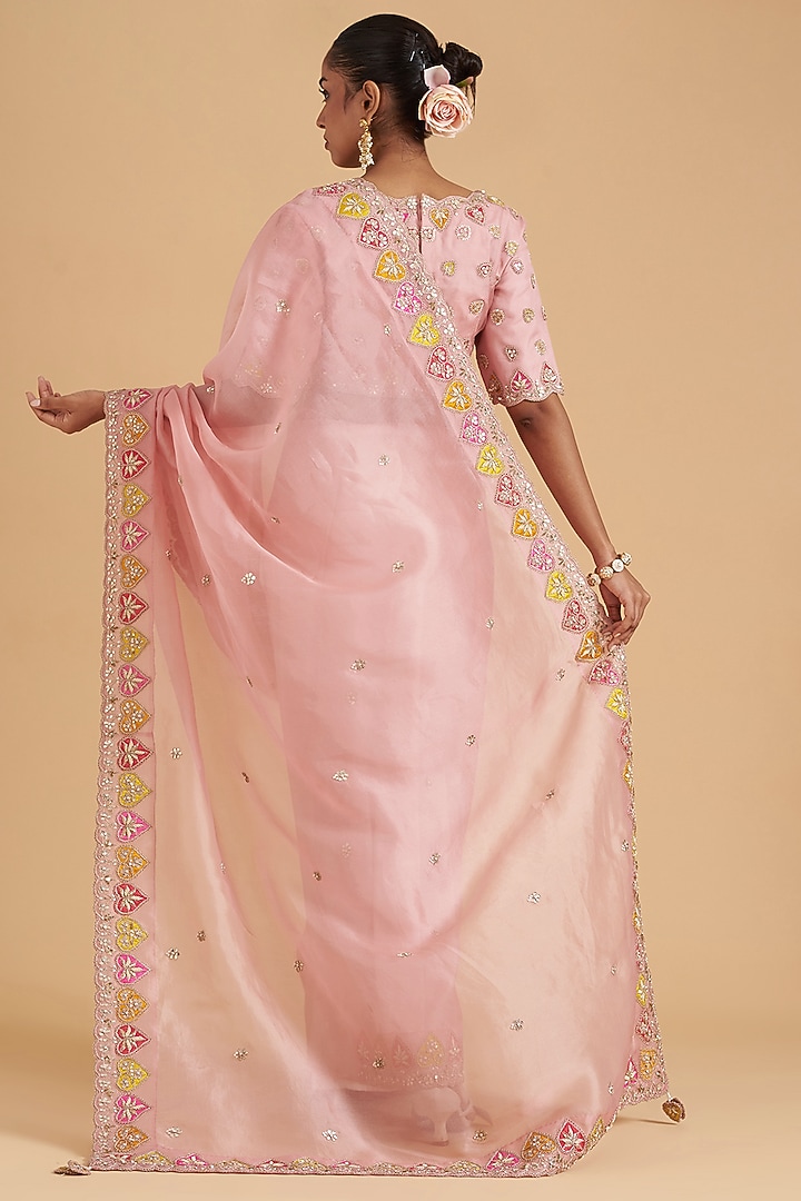 Rose Pink Spun Pure Organza Embroidered Wedding Saree Set by SURBHI SHAH at Pernia's Pop Up Shop