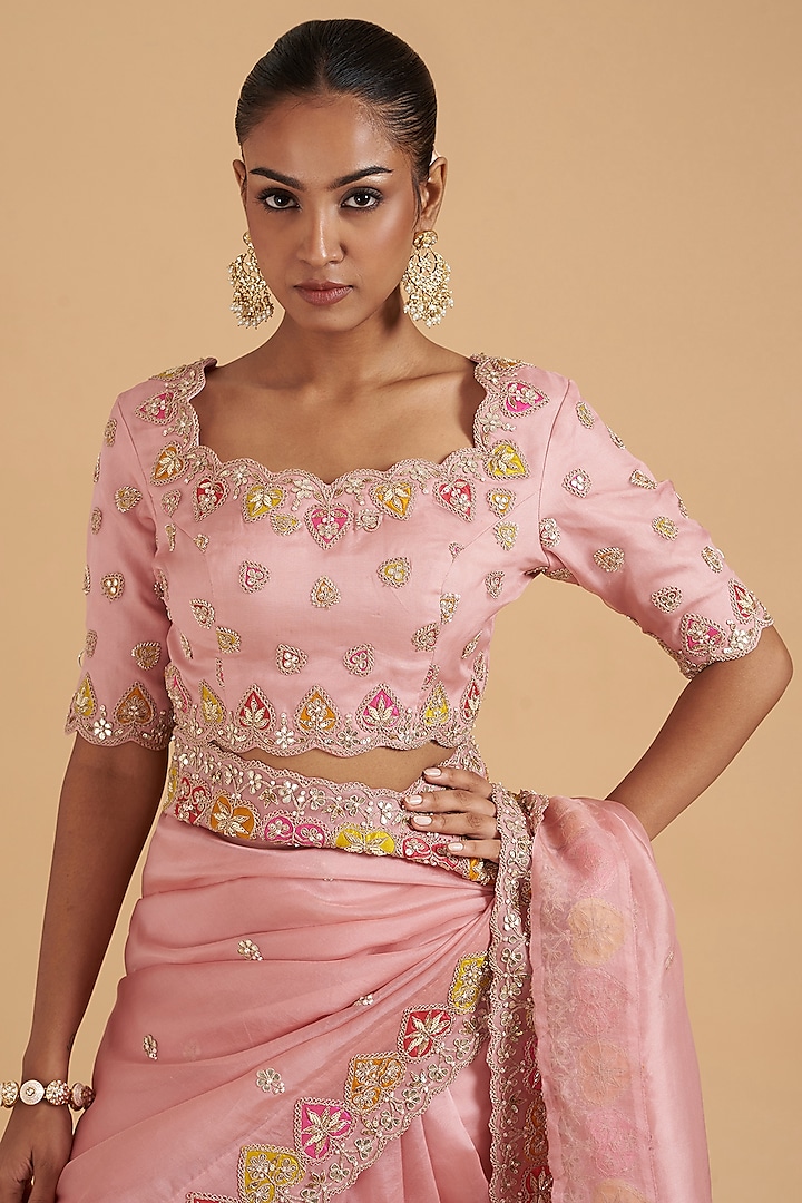 Rose Pink Spun Pure Organza Embroidered Wedding Saree Set by SURBHI SHAH at Pernia's Pop Up Shop