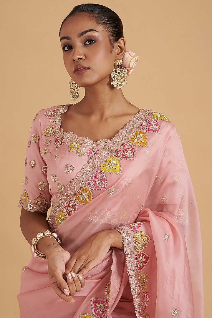 Rose Pink Spun Pure Organza Embroidered Wedding Saree Set by SURBHI SHAH at Pernia's Pop Up Shop