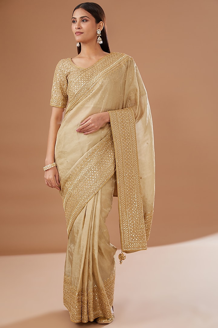 Golden Pure Tissue Embroidered Saree Set by SURBHI SHAH