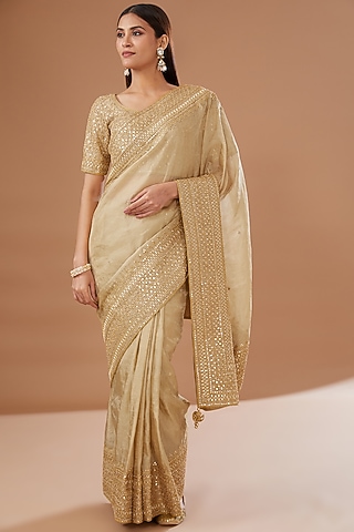 Golden Pure Tissue Embroidered Saree Set by SURBHI SHAH