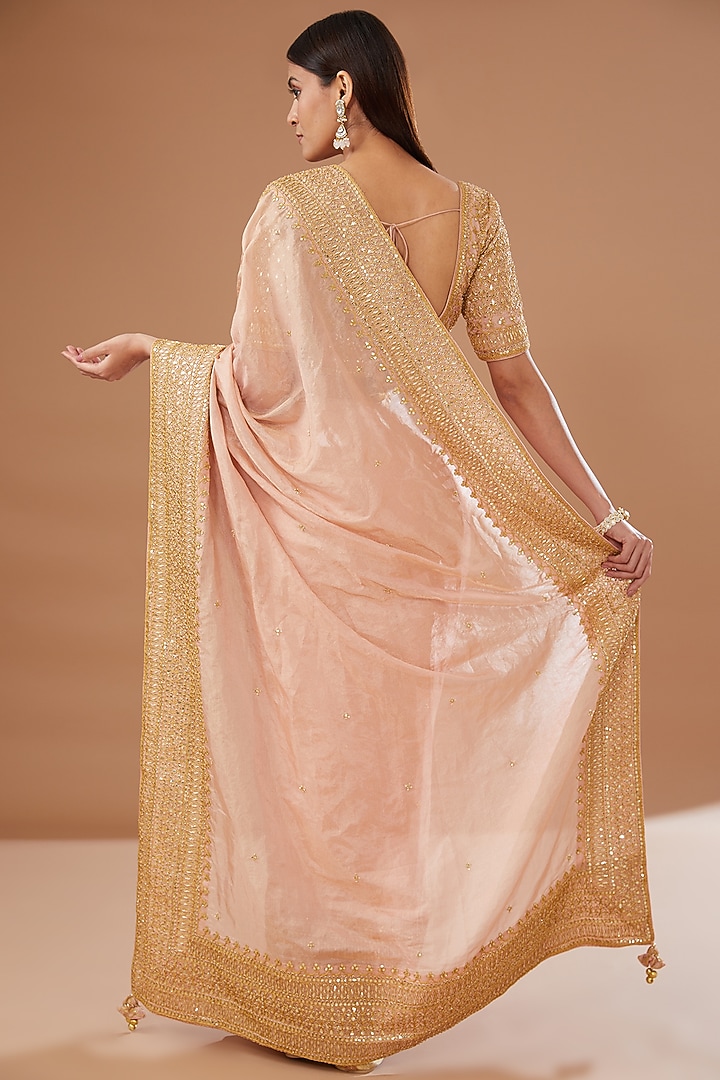 Peach Pure Tissue Embroidered Reception Saree Set by SURBHI SHAH at Pernia's Pop Up Shop