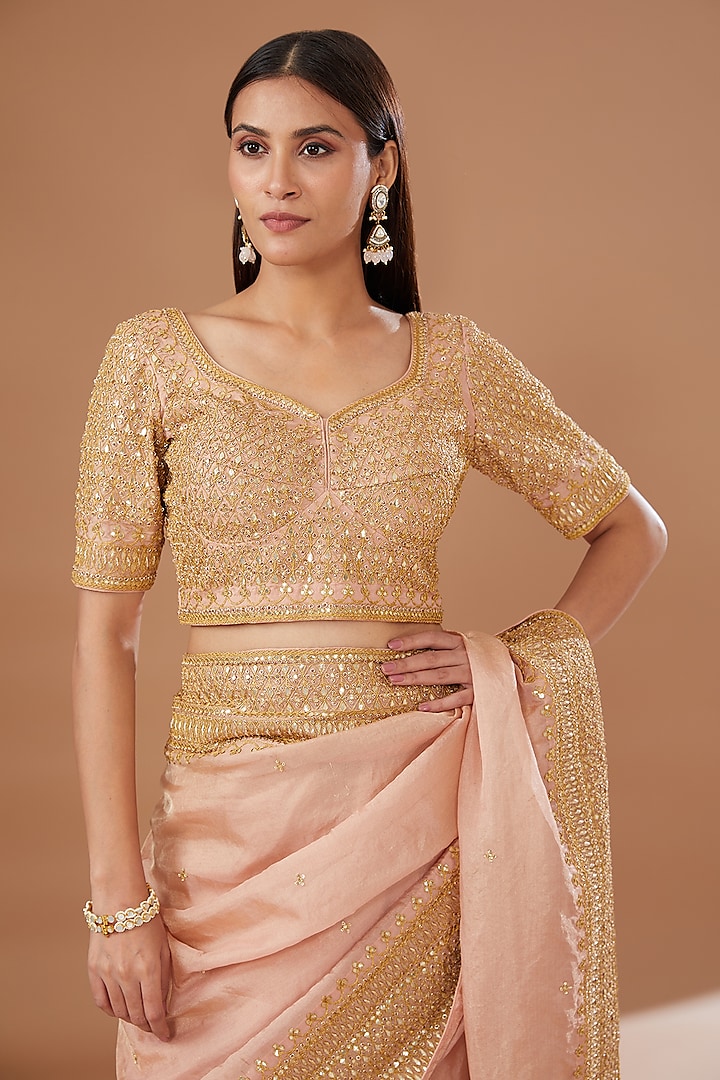 Peach Pure Tissue Embroidered Reception Saree Set by SURBHI SHAH at Pernia's Pop Up Shop
